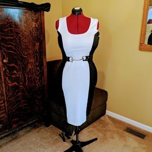 Cream black buckle wiggle dress venus pencil